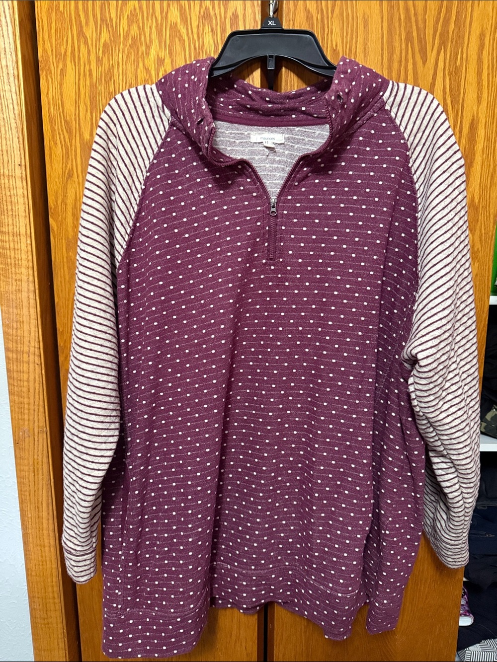 Maurice’s Polka Dot Half-Zip Pullover with Striped Raglan Sleeves - Plum & Cream